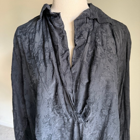 CP Shades Silk Navy Floral Damask Long Sleeve Collared Blouse Top Medium - Picture 2 of 11